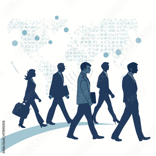 Business professionals walking forward with a world map in background