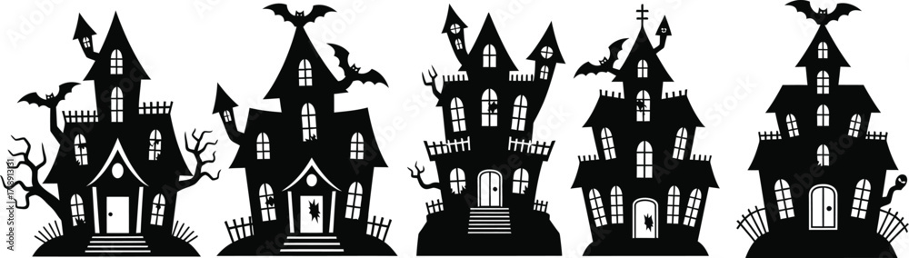 Fototapeta premium Set of spooky haunted house silhouettes halloween haunted house with bat vector illustration