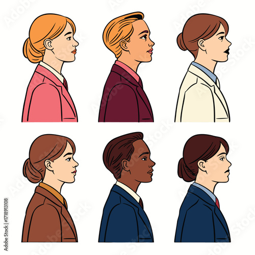 Diverse group of professionals in profile showcasing different hairstyles and clothing