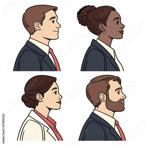 Diverse group of professionals illustrated in a simple side profile style