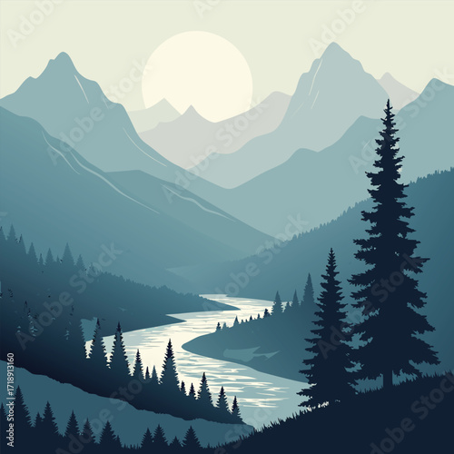 Serene mountain landscape with a winding river under a bright moon