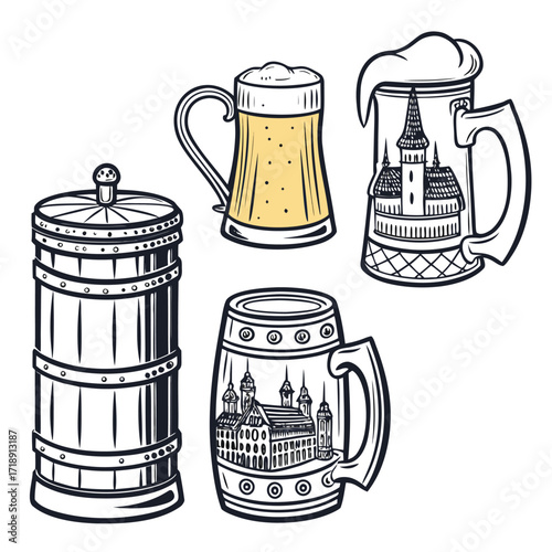 Vintage beer steins barrels and architectural mugs in sketched style