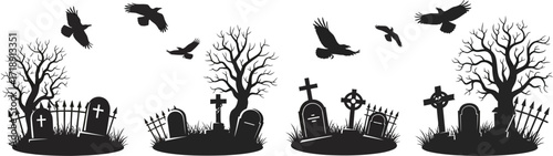 Spooky halloween graveyard silhouette with tombstones trees and flying crows design