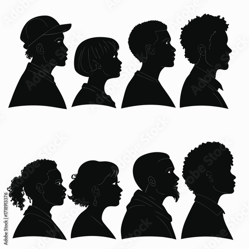 Diverse silhouettes of people in profile showcasing different hairstyles and features