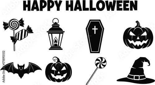 Happy halloween silhouettes with pumpkin, bat, candy, lantern, coffin, and witch hat