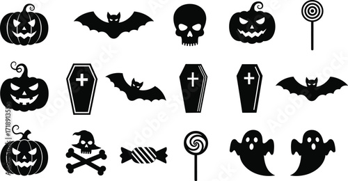 Halloween silhouette vector illustration, featuring pumpkins, bats, skulls, coffins, ghosts, and candies
