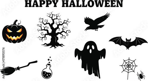 Happy halloween silhouettes with pumpkin, tree, raven, bat, ghost, broom, potion, and spider