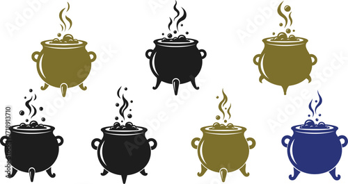 Colorful witch cauldrons with bubbling potion for halloween vector illustration