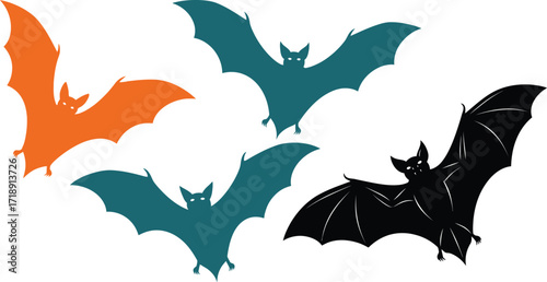 Colorful bats in flight orange blue green and black on a white background