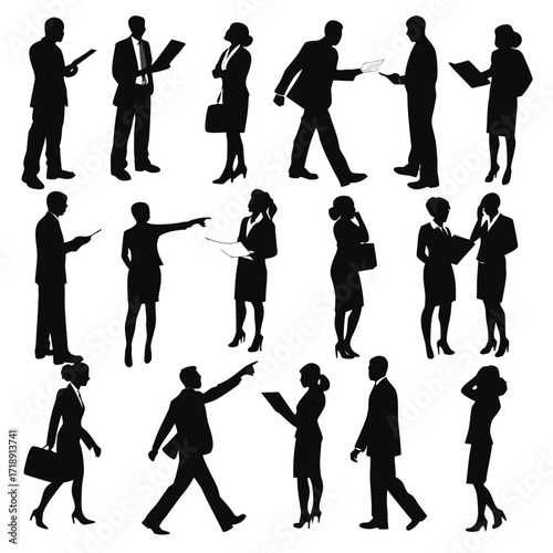 Silhouettes of business people in various professional poses and actions