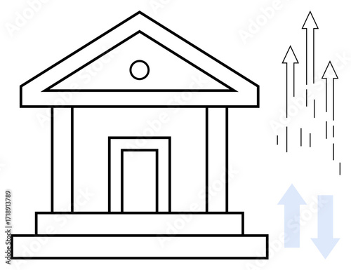 Bank building facade with columns and triangular roof. Arrows point upward and downward, symbolizing financial growth, decline. Ideal for economics, banking, finance, trade, investments market
