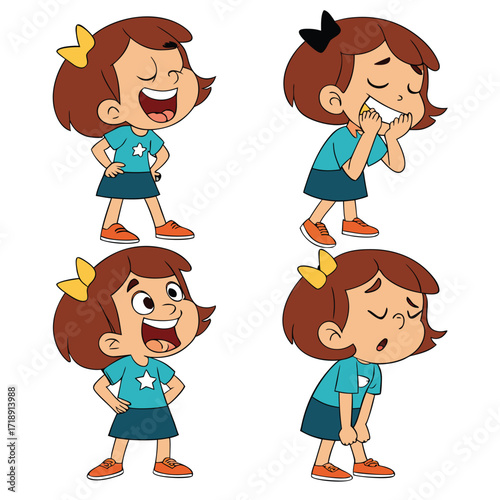 Cartoon girl displaying different expressions laughter sadness joy and worry