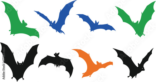 Colorful bat silhouettes in green blue orange and black against a white backdrop