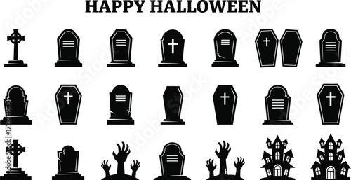 Collection of spooky halloween icons featuring tombstones, coffins, haunted houses, and zombie hands