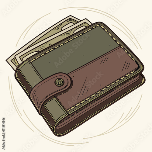 A sketch of a leather wallet overflowing with cash money illustration