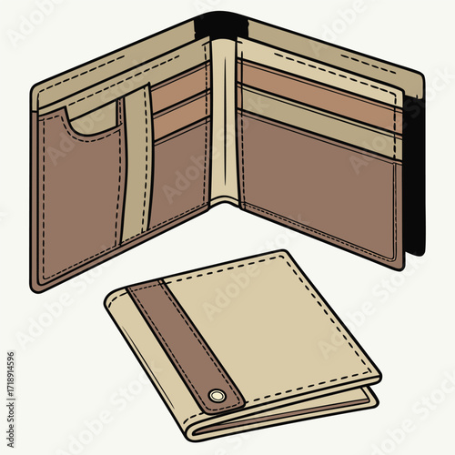 An open bifold wallet and matching cardholder sketched in a minimalist style