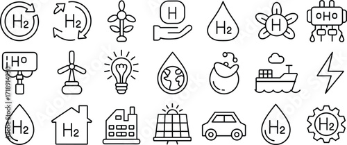 Hydrogen energy and renewable power source icons set Keywords: hydrogen, H2, energy, power