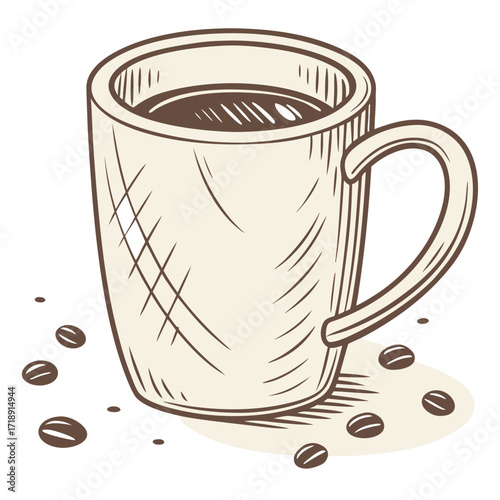 A simple sketch of a full coffee mug with scattered beans nearby