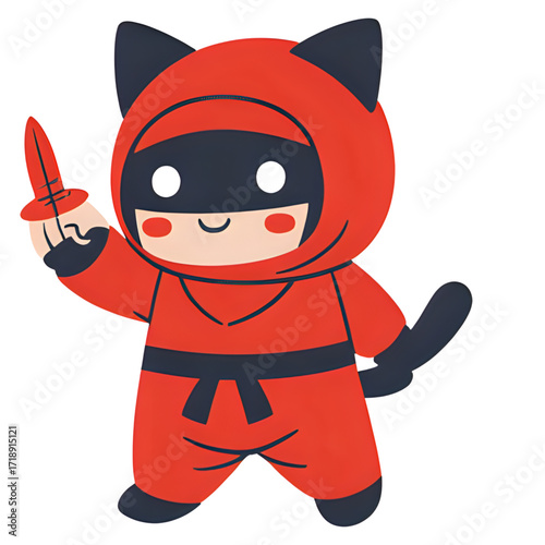 Tiny Ninja Cat Holding Shuriken in Paw | Adorable Cartoon Cat Dressed as Stealthy Ninja | Kawaii Ninja Kitty with Throwing Star | Small Agile Cat Warrior with Shuriken | Cute Chibi Ninja Cat Ready