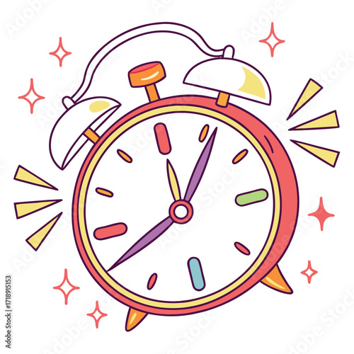 Colorful cartoon illustration of a classic alarm clock with sparkling details