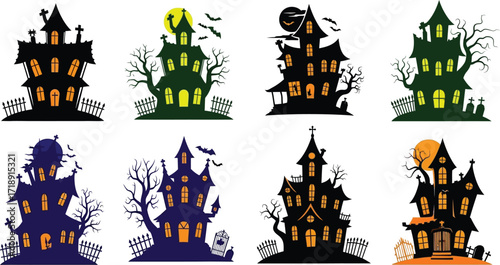 Spooky haunted houses in various colors for halloween themed designs and invitations
