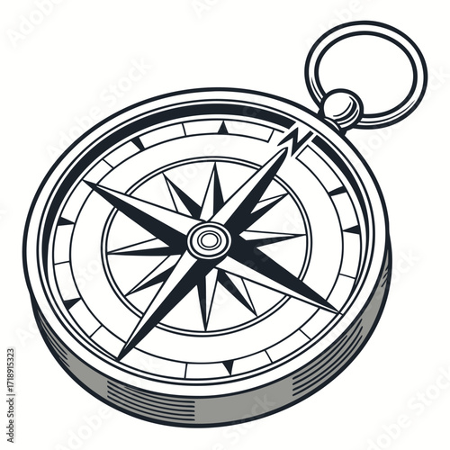 Detailed illustration of a classic navigational compass with a circular design