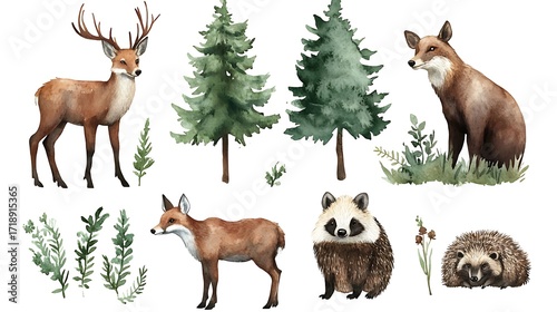 Fototapeta Naklejka Na Ścianę i Meble -  Watercolor forest animals and trees illustration collection