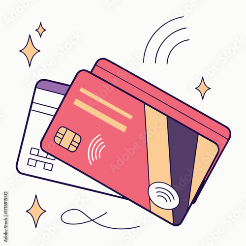 Colorful credit cards illustration with sparkling elements and wireless payment symbol