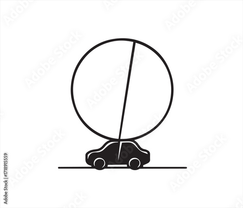 Silhouette of a car carrying a large sphere on its roof : car, automobile, vehicle, transport, transportation, carrying, load, sphere, ball, globe, world, planet, concept, idea, burden
