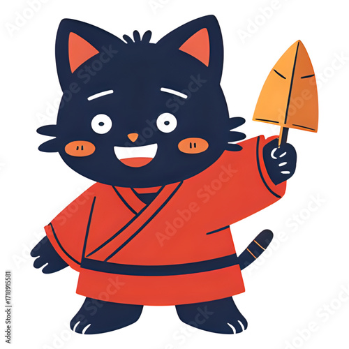 Tiny Ninja Cat Holding Shuriken in Paw | Adorable Cartoon Cat Dressed as Stealthy Ninja | Kawaii Ninja Kitty with Throwing Star | Small Agile Cat Warrior with Shuriken | Cute Chibi Ninja Cat Ready