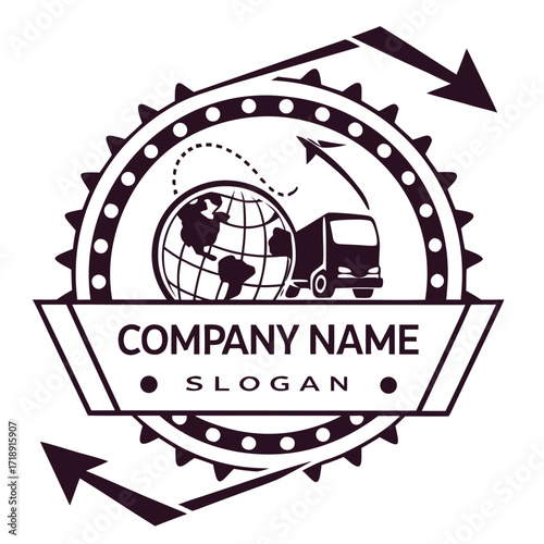 Global logistics and transportation emblem with truck globe and arrows design