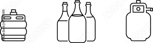 Outline icons of beverage containers and gas cylinder barrel beer keg