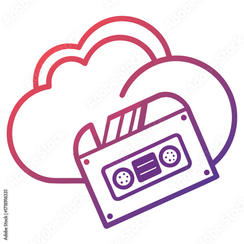 Retro cassette tape floating within colorful abstract cloud shapes design