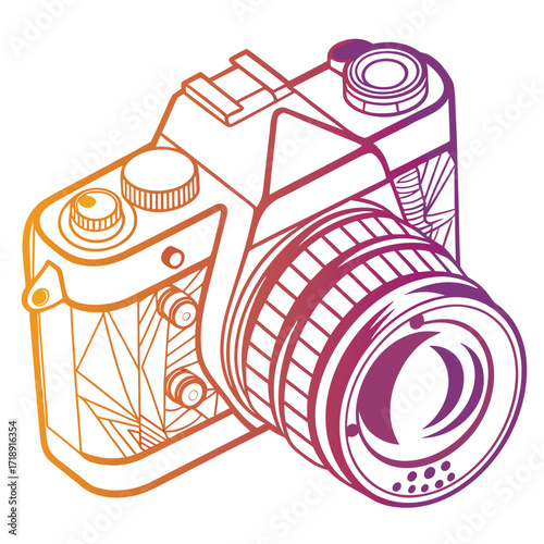 Colorful line art illustration of a vintage single lens reflex camera