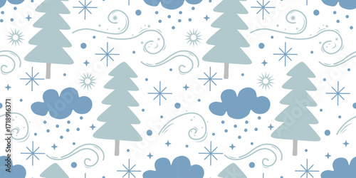 Natural seamless pattern. Christmas, winter season, holidays. Winter forest with gray trees, blue snow cloud and snowflakes. Flat design. For wallpaper, textiles, packaging, backgrounds or websites.