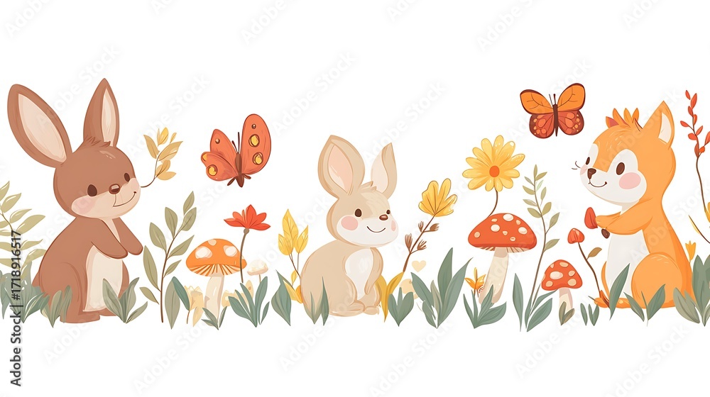 Naklejka premium Adorable watercolor forest animals with butterflies and mushrooms
