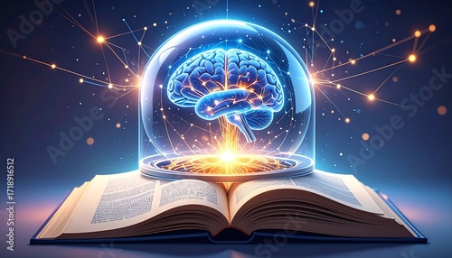 A sleek sci-fi book opened to a center filled with bright AI energy