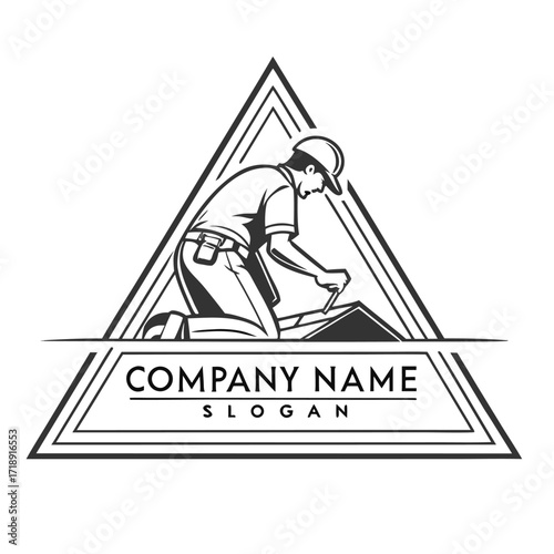 Vintage construction worker logo design within a triangular frame illustration