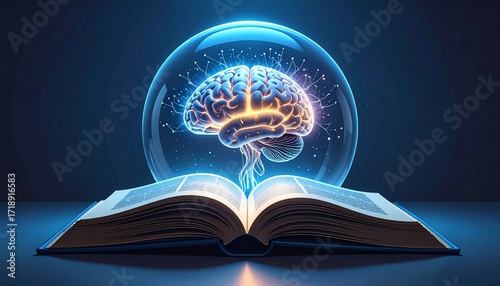 A glowing AI core emerging from the center of an open futuristic book