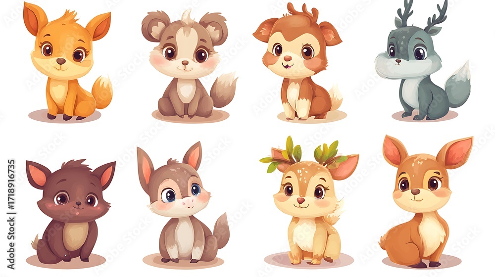 Obraz premium Collection of cute cartoon baby forest animals in watercolor style