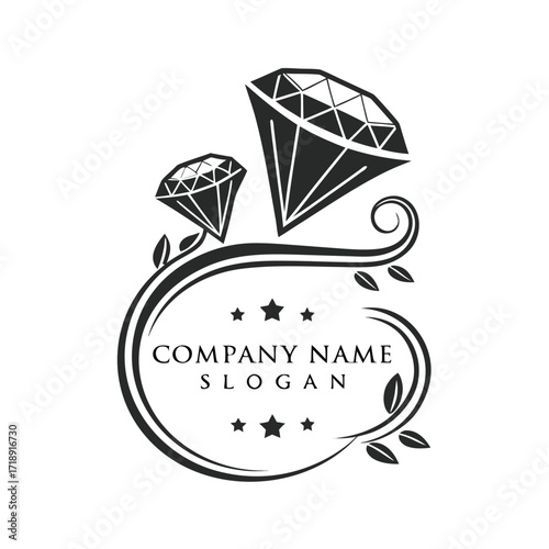 Elegant diamond emblem with swirls leaves and a company branding space
