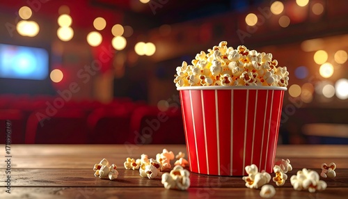 Popcorn in a red bucket in a movie theater