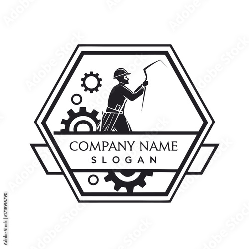 Vintage style logo featuring an engineer with gears and hexagon frame