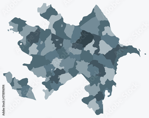 Map of Azerbaijan with regions. Just a simple country border map with region division. Blue grey color palette. Flat Azerbaijan shape with administrative division. Vector illustration.