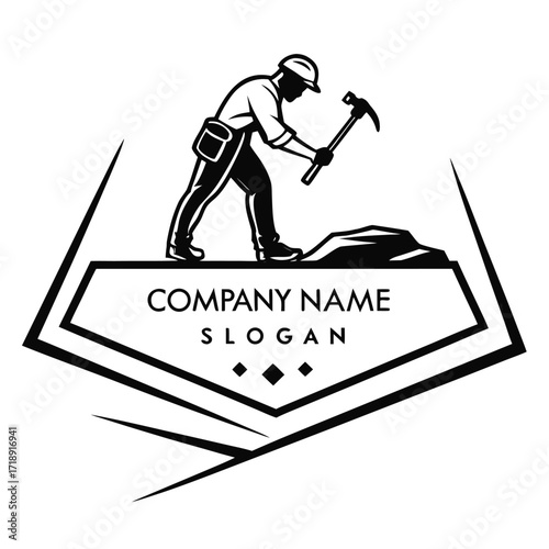 Construction worker chipping rock with hammer logo design with company branding