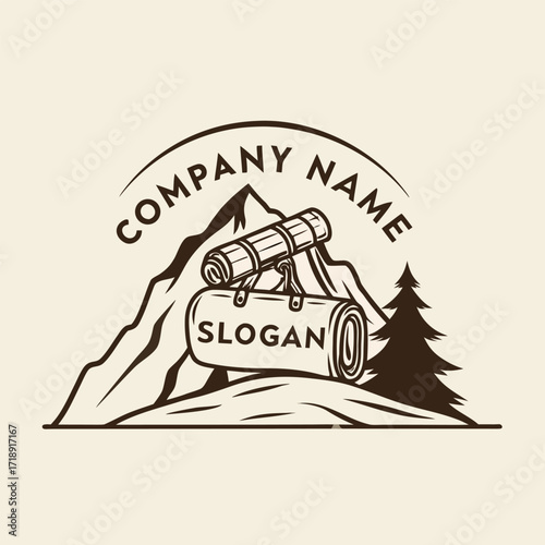 Vintage style logo featuring logs mountains and a coniferous tree design