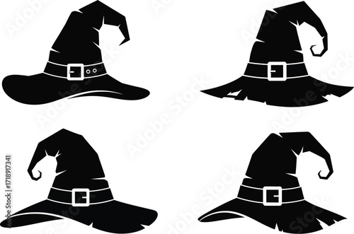 Four black witch hats for halloween vector illustration on a white background