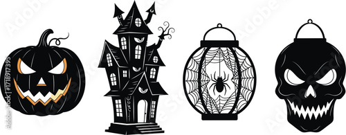 Spooky halloween decorations featuring a pumpkin haunted house spider and skull