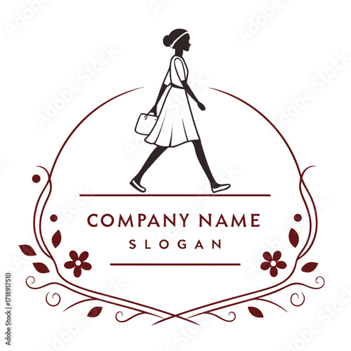 Elegant woman walking with a handbag within a floral frame design