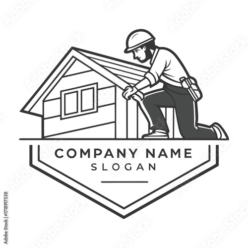 Construction worker kneeling while building a house vintage logo design